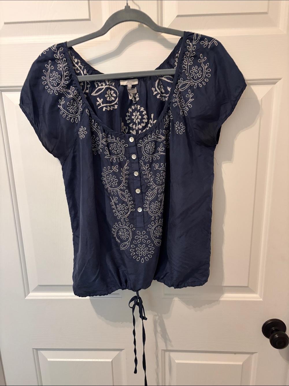 Joie Navy Blue Embroidered Peasant Blouse